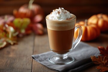 Pumpkin spice latte with whipped cream in autumn setting