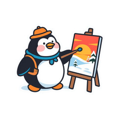 Obraz premium Cute penguin artist painting a beautiful snowy sunset illustration vector art