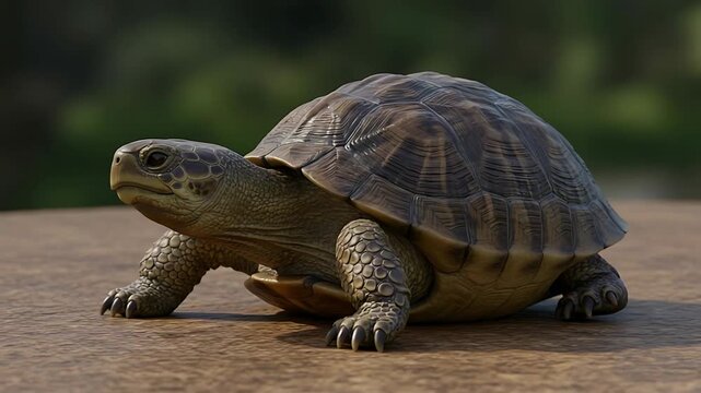 Captivating close-up of an adorable tortoise slowly walking on a wooden surface showcasing detail