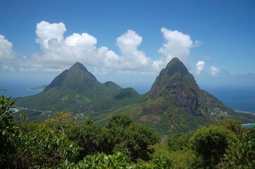Volcanic summits overlooking a tropical bay in the Caribbean region
