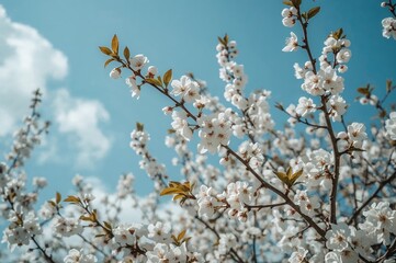 Obraz premium Springtime white cherry flowers with sky backdrop and nature banner