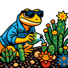 Obraz premium Colorful gecko gardener tending a desert cactus garden, cheerful reptile character in a vibrant arid landscape with succulents, rocks, and sunny adventure vibes