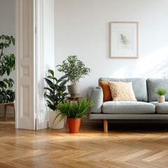 Modern Living Room with Plants and Herringbone Floor