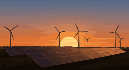 Solar panels and wind turbines under sunset sky in renewable energy landscape 