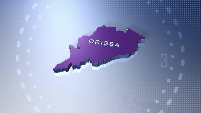 3D animated map of Indian state Orissa in blue theme motion graphics