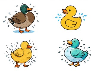 Cartoon ducks splashing water together in colorful illustrations  