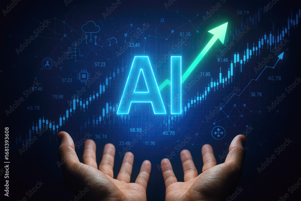 Poster hands holding ai text with upward arrow graph and digital network icons keywords: ai, artificial int