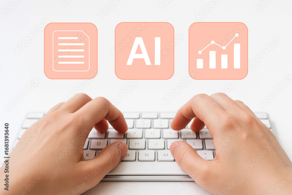 Poster hands typing on a keyboard with icons for document ai and graph above computer technology