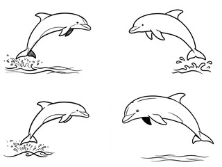 Set of playful dolphins jumping out of the water in black outline  