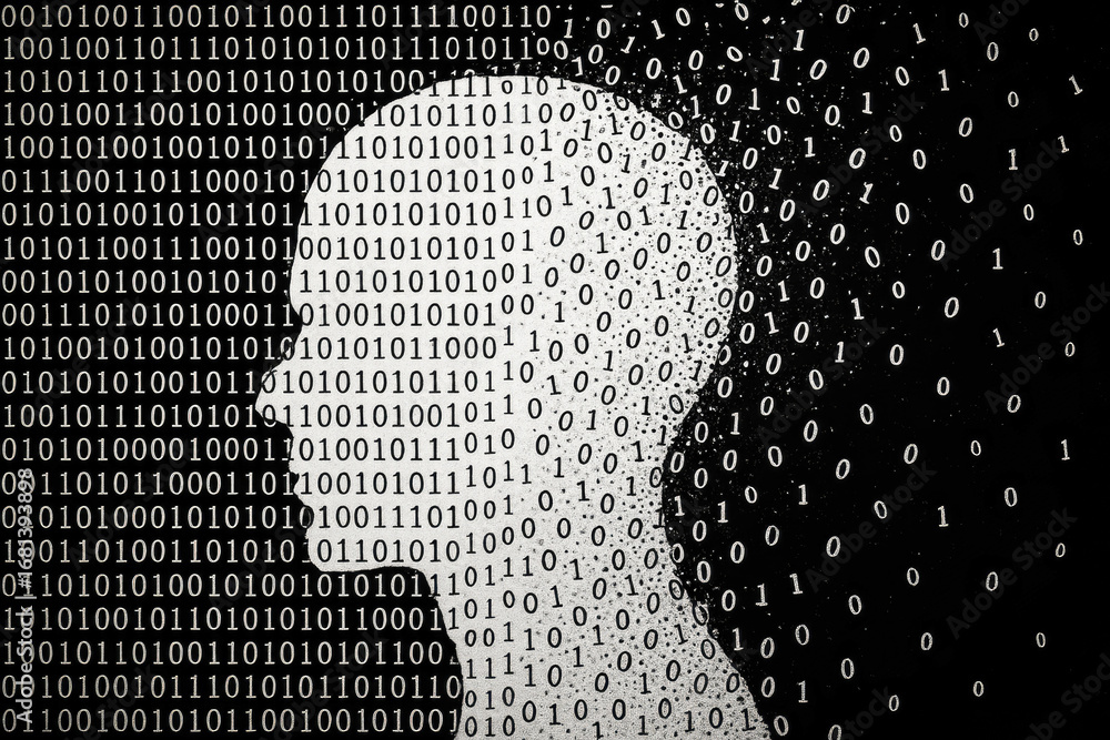 Poster human head silhouette formed by binary code dissolving into digital data image photo