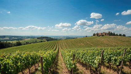 Obraz premium Expansive summer landscape showcasing thriving grapevines.