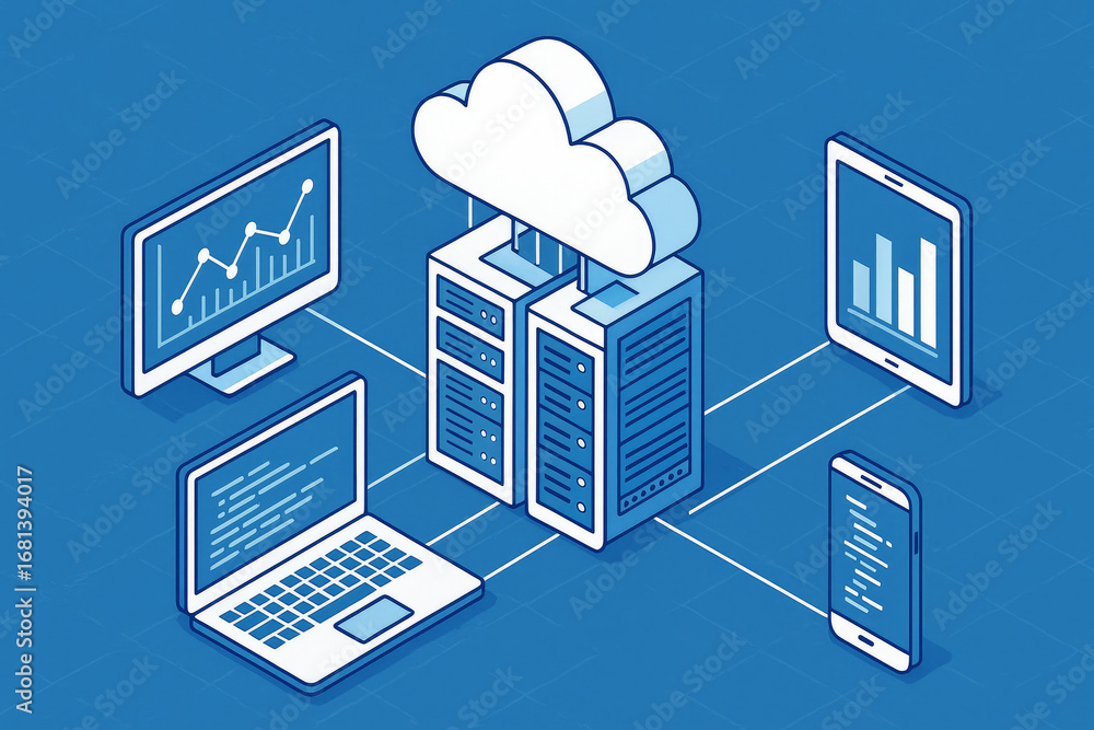 Aufkleber isometric illustration of cloud computing system with servers and devices data center laptop