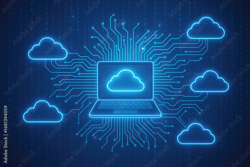 Poster laptop at center of interconnected glowing cloud icons on binary code background cloud computing net