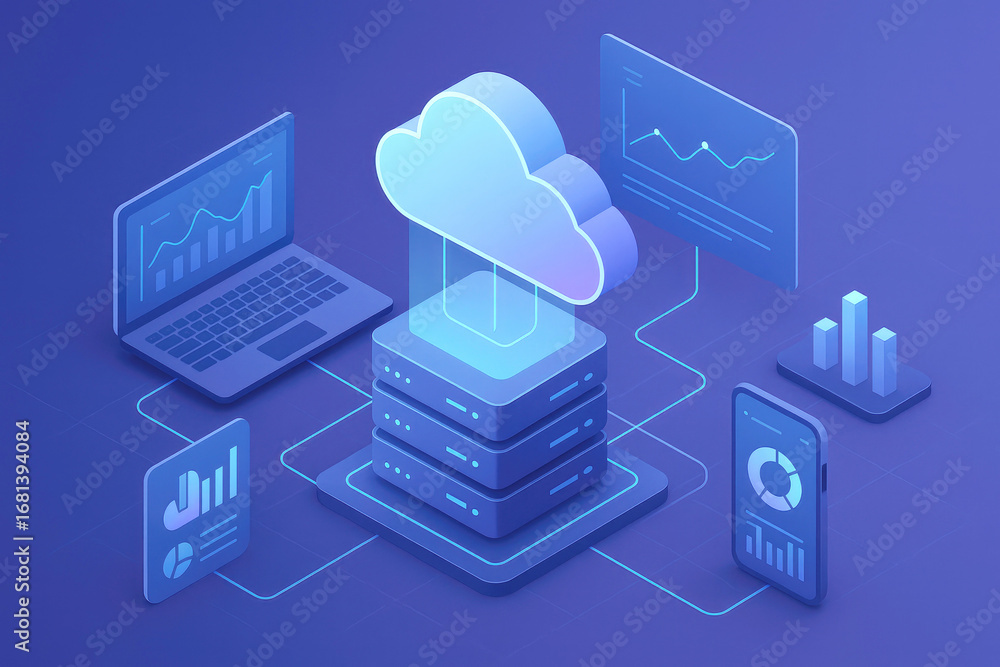 Poster isometric cloud computing network with laptop server and smartphone displaying data analytics techno