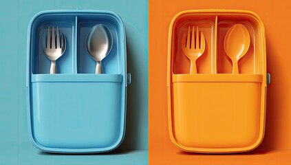 Two colorful lunchboxes, light teal and orange, contain matching stainless steel and colored utensils