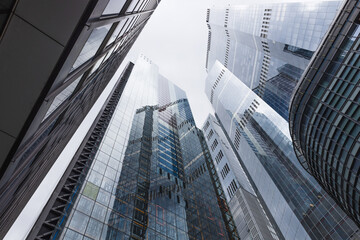 Modern Glass Skyscrapers in Financial District, Low Angle Urban Architecture