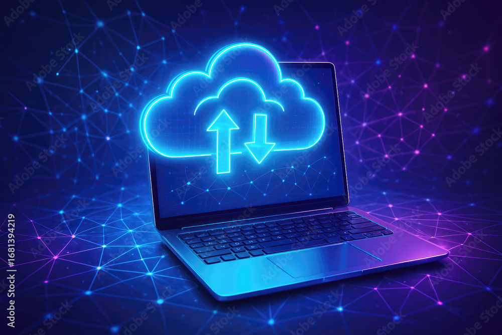 Poster laptop displaying a glowing blue cloud icon with upload and download arrows against a digital networ