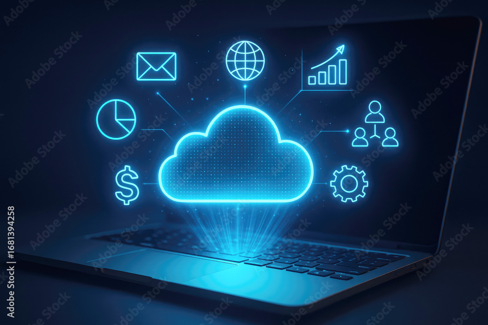 Aufkleber laptop displaying cloud computing icons and data flow diagram with blue neon glow technology network
