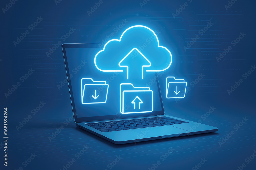 Poster laptop displaying cloud computing and file transfer icons with upload and download arrows computer t