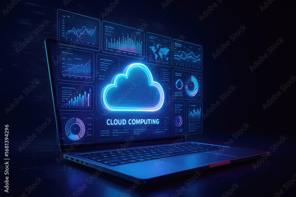 Poster laptop displaying cloud computing interface with glowing data charts and world map technology analyt