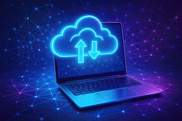 Laptop displaying a glowing blue cloud icon with upload and download arrows against a digital network background