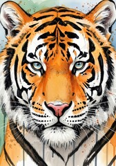 Fototapeta premium A vibrant, watercolor-style illustration of a tiger's face, showcasing its orange and black stripes with striking blue eyes