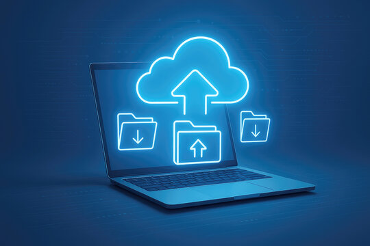 Laptop displaying cloud computing and file transfer icons with upload and download arrows computer technology