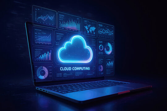 Laptop displaying cloud computing interface with glowing data charts and world map technology analytics
