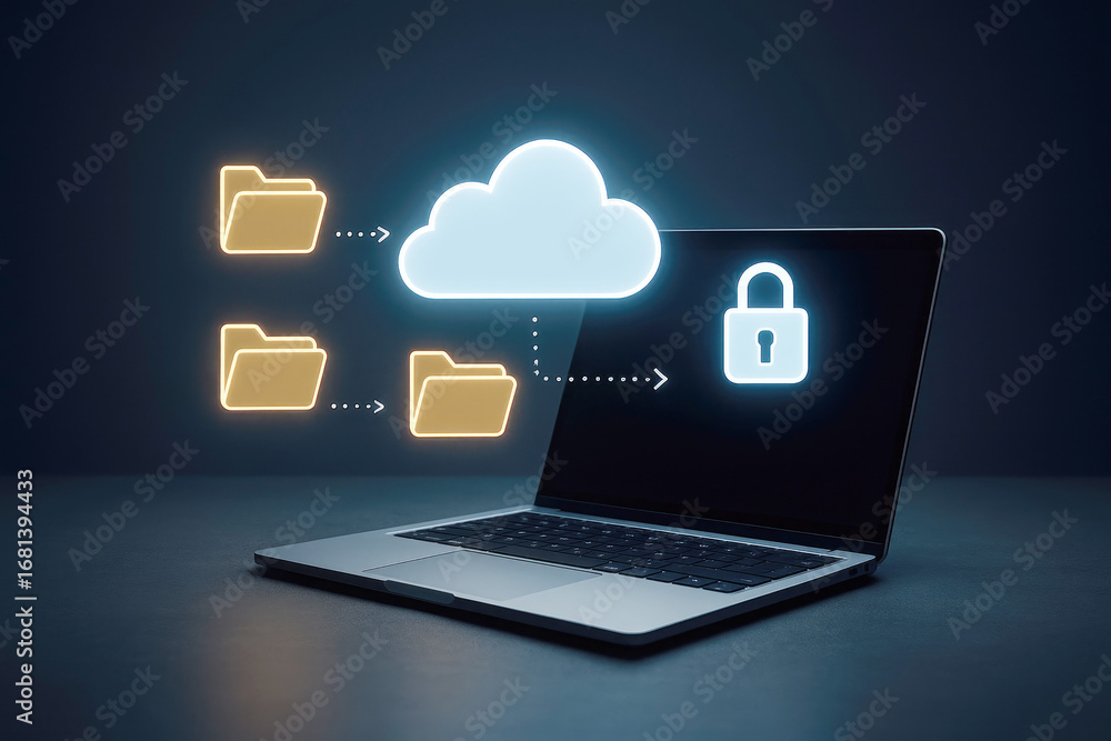 Poster laptop displaying secure cloud data transfer with folders, cloud, and padlock icons computer technol