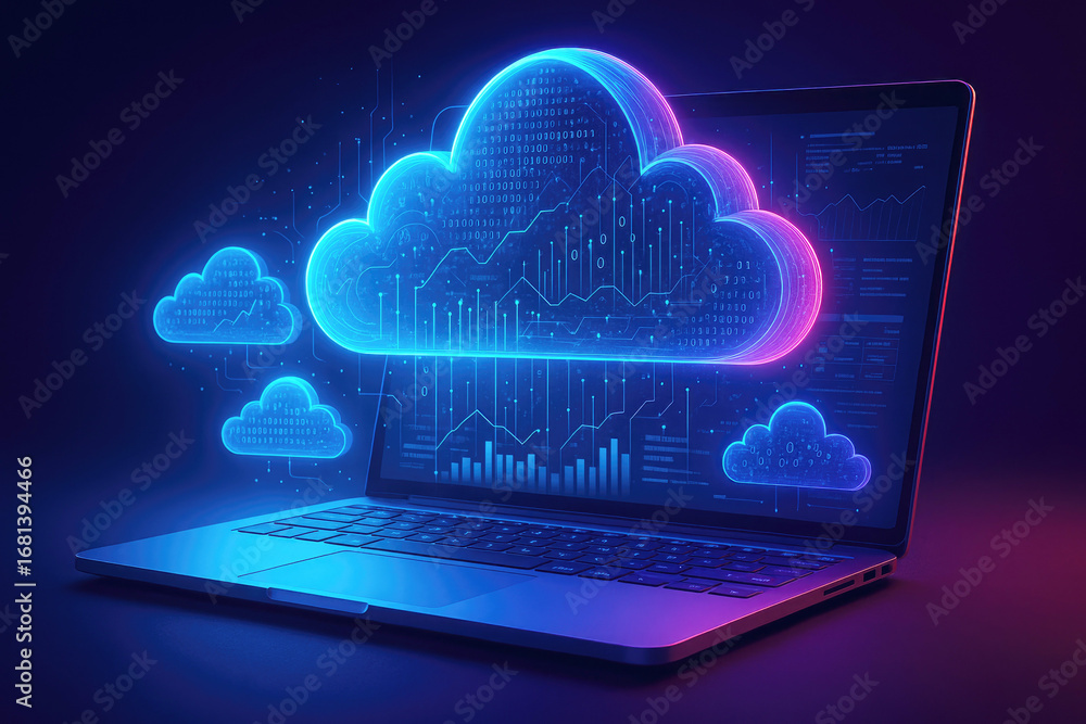 Poster laptop displaying glowing neon cloud computing interface with binary code and data graphs technology