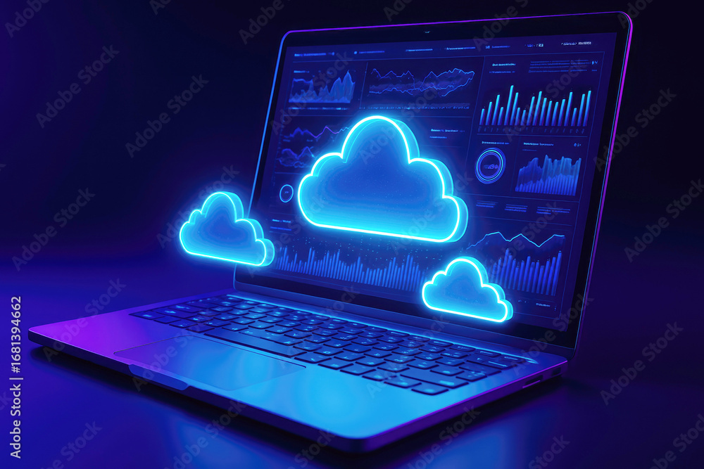 Poster laptop screen with bright blue neon cloud icons and complex data analysis charts cloud computing tec