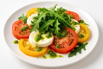 Bright and lively Caprese salad with heirloom tomatoes, cheese, arugula, and pesto garnish on a white surface