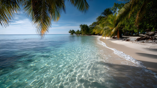 A remote tropical beach with crystal-clear water, sot white sand, and lush pal trees framing the serene andscape.