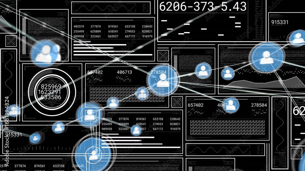 Poster animation of digital people profile icons connecting with lines over graphical interface displays