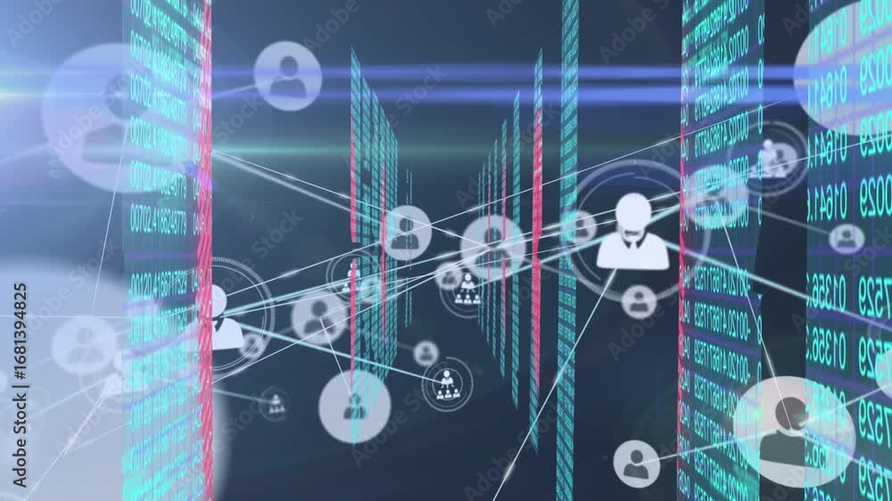 Leinwandbilder animation of graphical moving people icons connecting with lines over binary data in loop