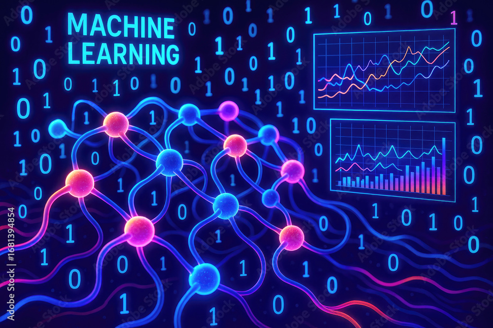 Poster machine learning concept with neural network and binary code artificial intelligence nodes