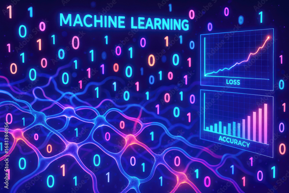 Poster machine learning accuracy and loss graphs with neural network and binary code artificial intelligenc