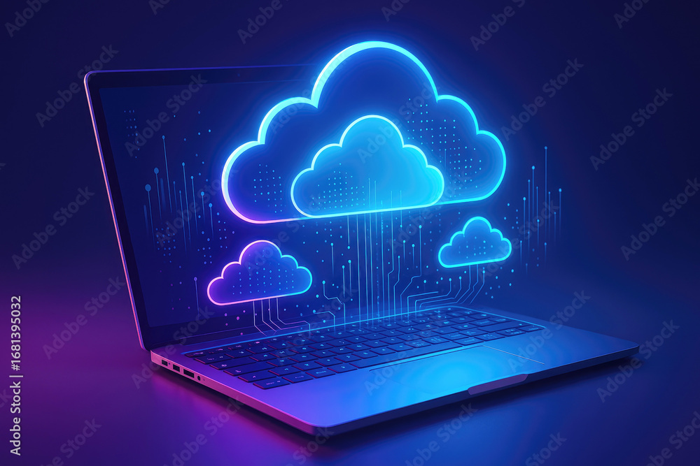 Poster modern laptop with illuminated neon blue and pink cloud icons and digital data streams cloud computi