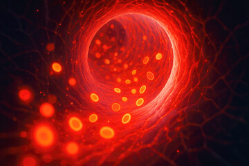 Microscopic view of red blood cells flowing through a blood vessel bloodstream circulation