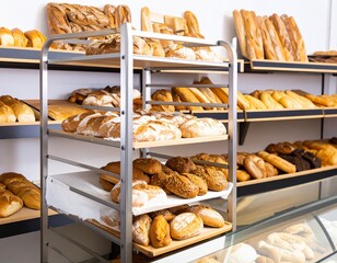 Bakery shop with assortment of bread on shelves. High quality photo