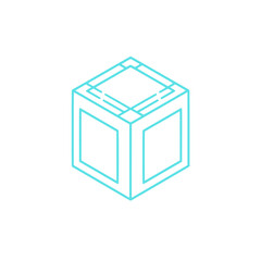 Futuristic glowing cube icon with geometric lines and neon outline vector art