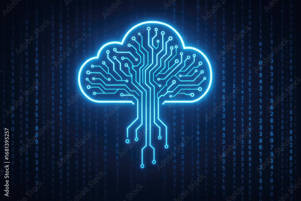 Poster neon blue cloud computing symbol with circuit board pattern against binary code background technolog