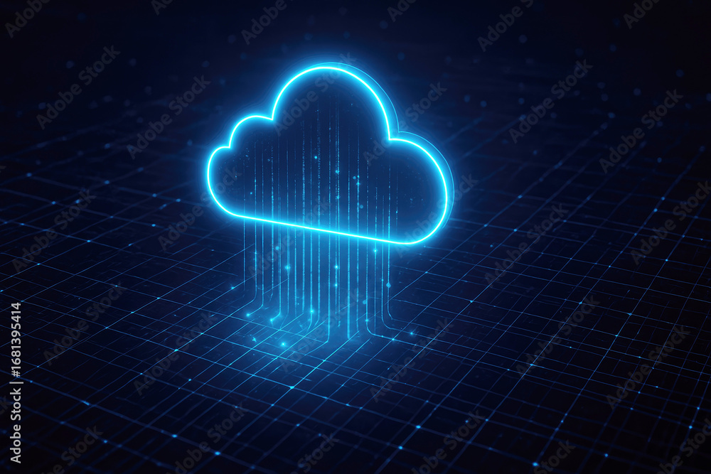 Poster neon blue cloud icon with digital data streams descending onto a grid background cloud computing tec