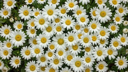 Bright yellow and white daisies set on a vibrant green background with leafy accents