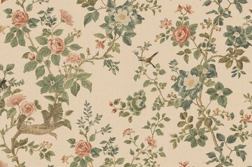Classic floral and bird pattern for wallpaper with a vintage garden theme