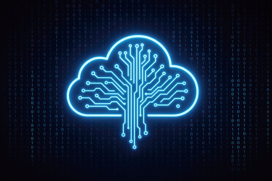Neon blue cloud computing symbol with circuit board pattern against binary code background technology
