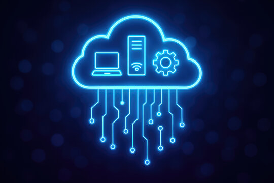 Neon Blue Cloud Symbol with Laptop, Server, Wi-Fi, and Gear Icons Connected by Circuits cloud computing