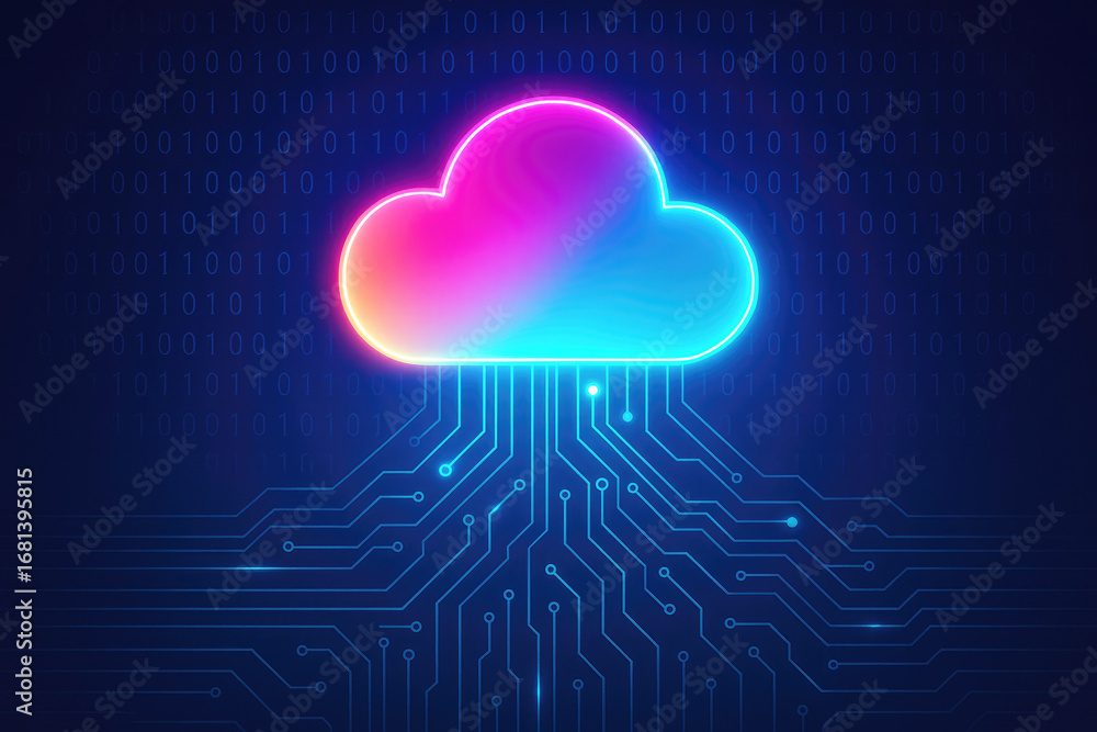 Poster neon glowing cloud symbol with circuit board connections on a dark binary code background cloud comp