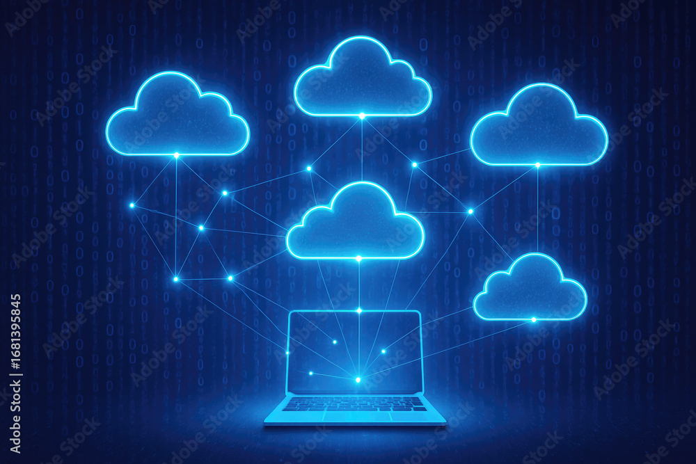 Poster network of glowing blue clouds connected to a laptop on a binary code background cloud computing con