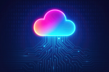 Neon glowing cloud symbol with circuit board connections on a dark binary code background cloud computing